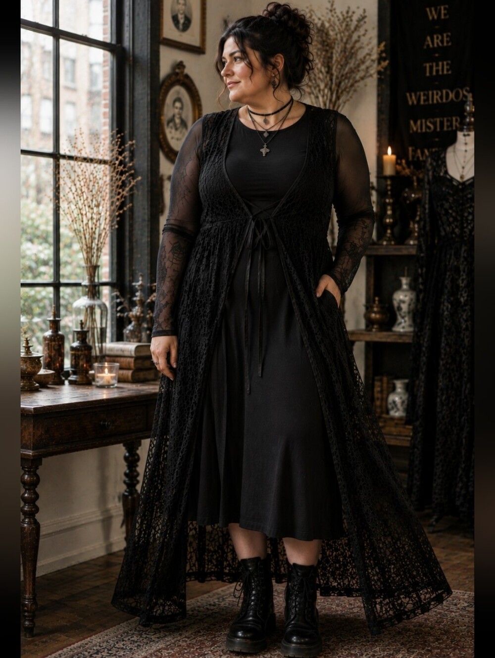 Black Lace Tie Front Cover Up 3X WhimsiGoth Sheer Duster Layering Piece